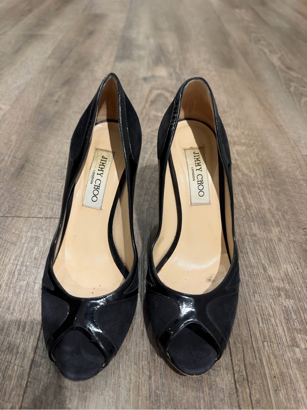 Jimmy Choo Black Patent & Suede Peep-Toe Heels